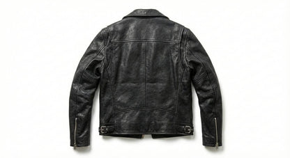 Men’s black leather biker jacket stitching detail