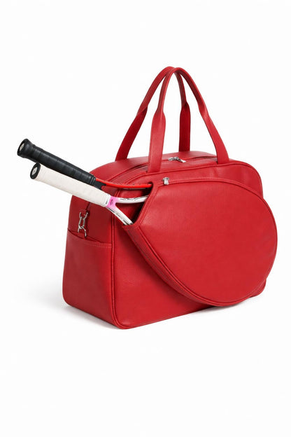 Red leather tennis racket duffel bag by Premium Skin
