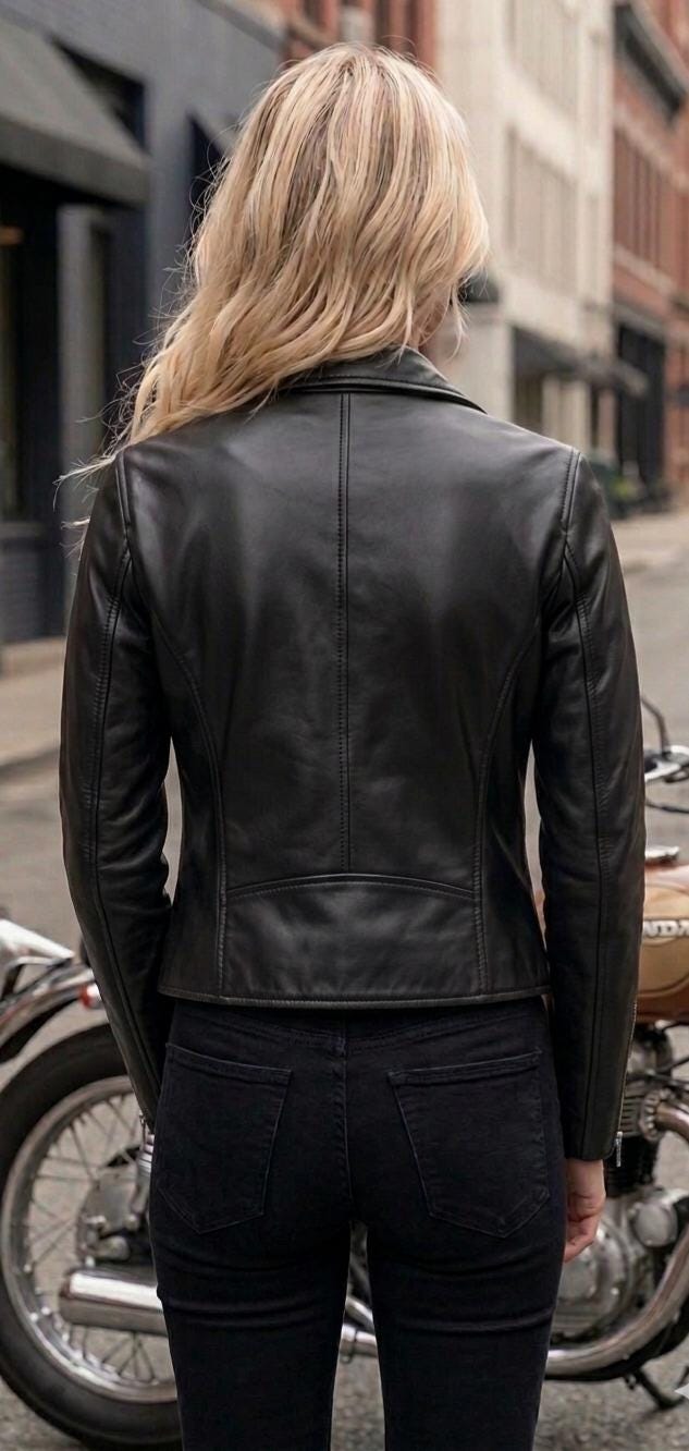 Women’s black lambskin biker jacket detail