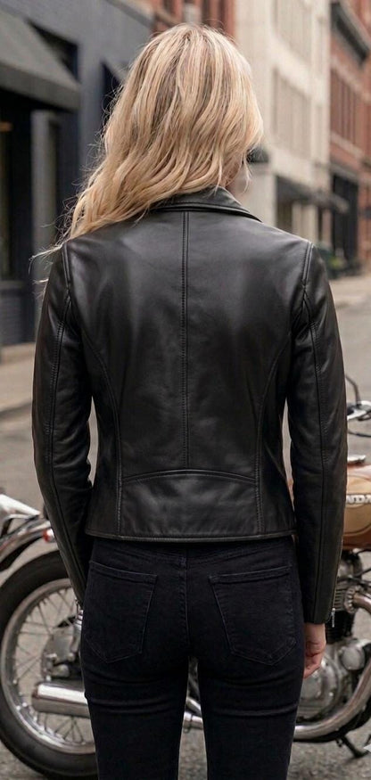 Women’s black lambskin biker jacket detail