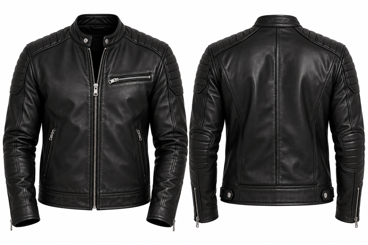 Black leather cafe racer jacket front and back product views