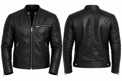Black leather cafe racer jacket front and back product views