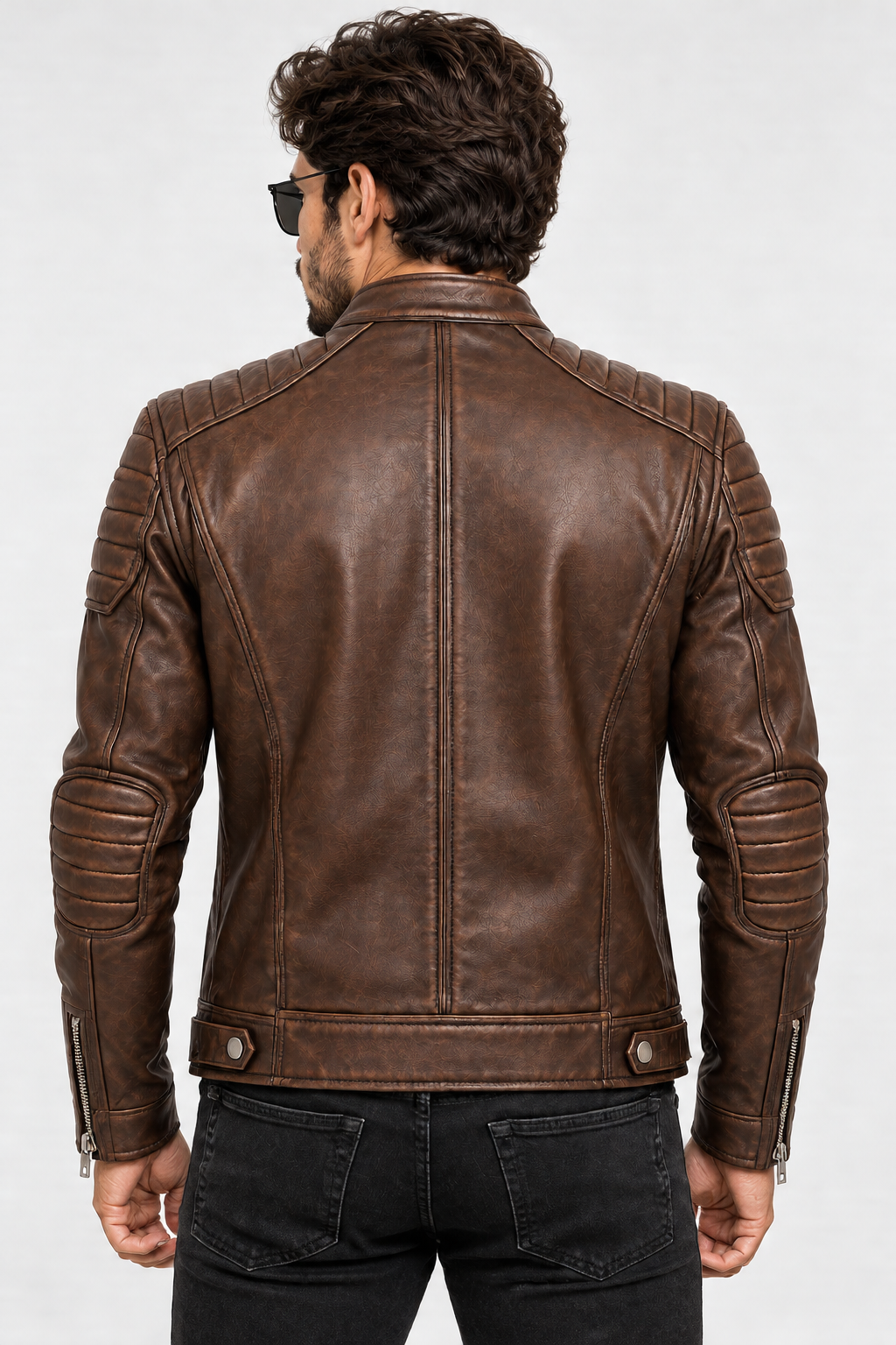 Model wearing brown cafe racer leather jacket back view