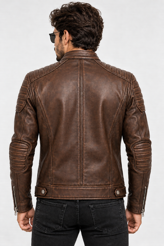 Model wearing brown cafe racer leather jacket back view