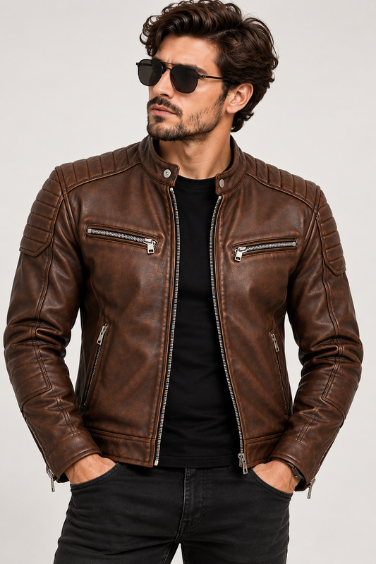 Model wearing brown cafe racer leather jacket front view