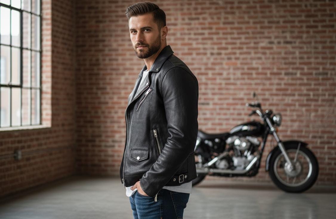 Men’s black leather jacket side view