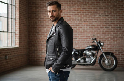 Men’s black leather jacket side view