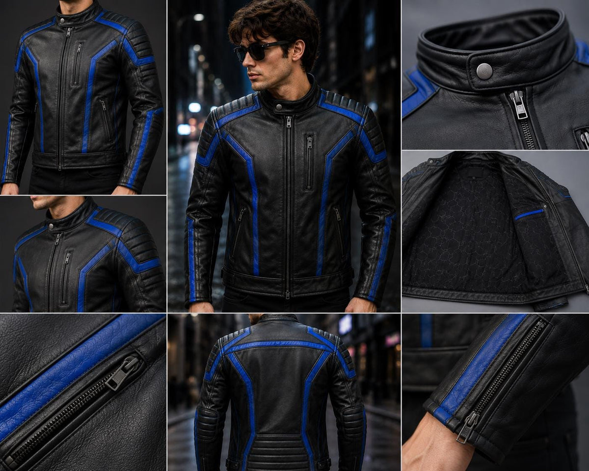 Black and blue futuristic rider jacket by Premium Skin