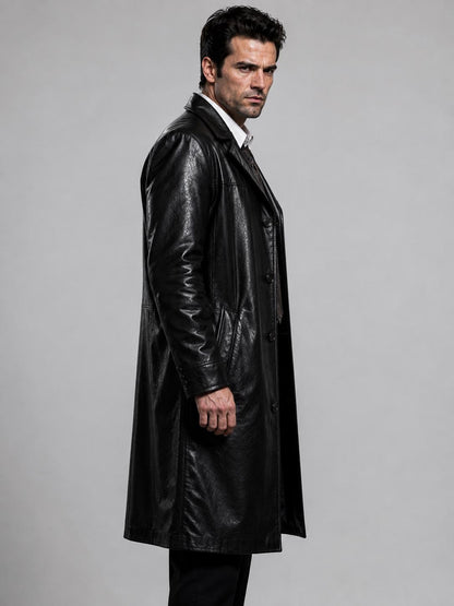 Black noir-style trench coat back view