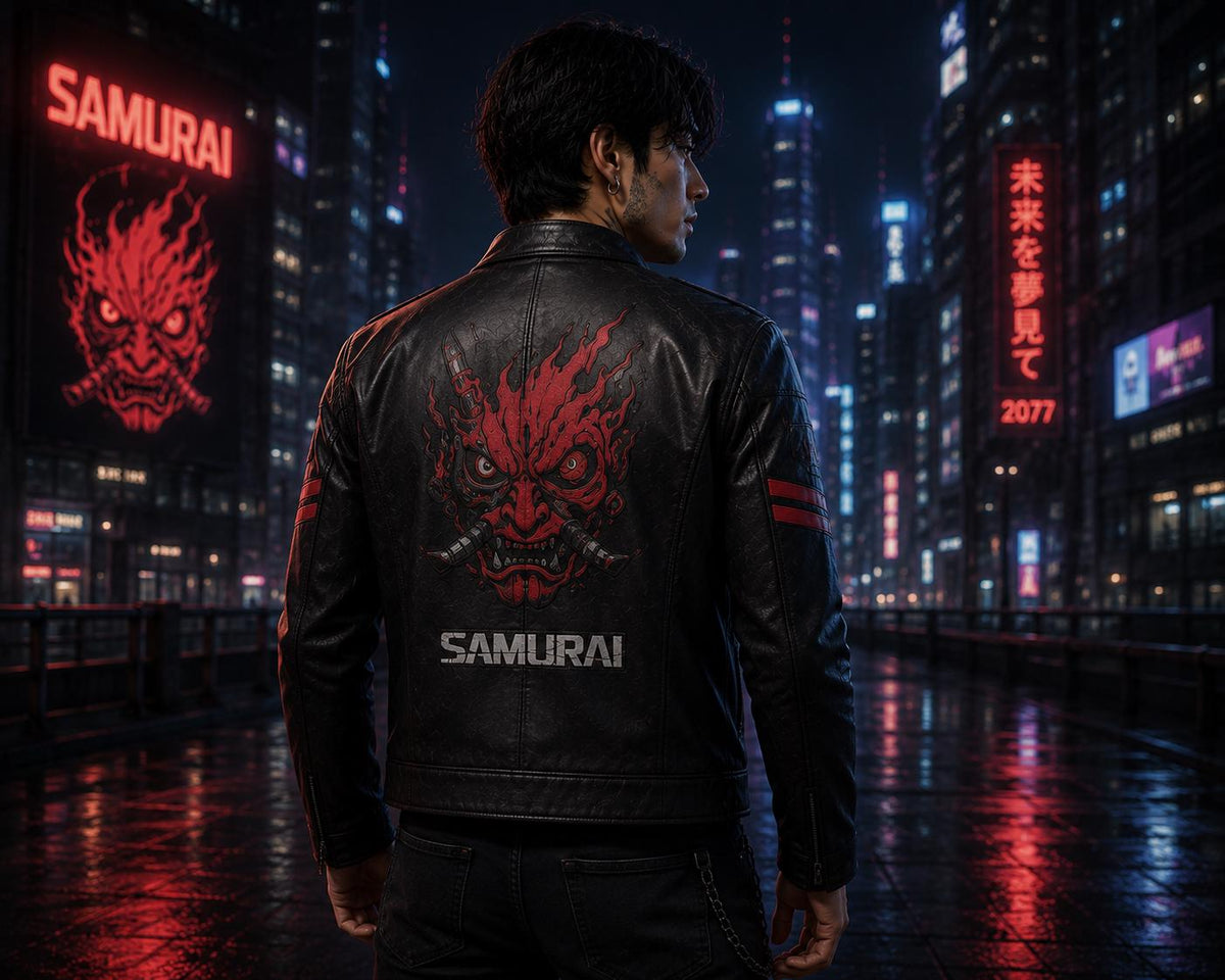 Samurai-inspired black leather jacket by Premium Skin