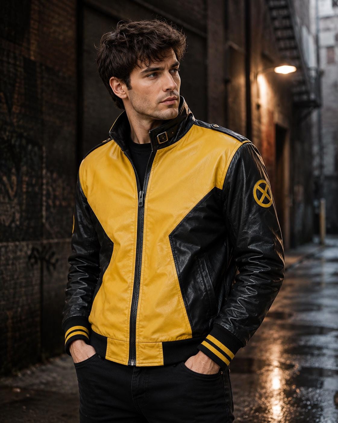 Yellow and black leather biker jacket, front view