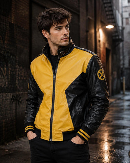 Yellow and black leather biker jacket, front view