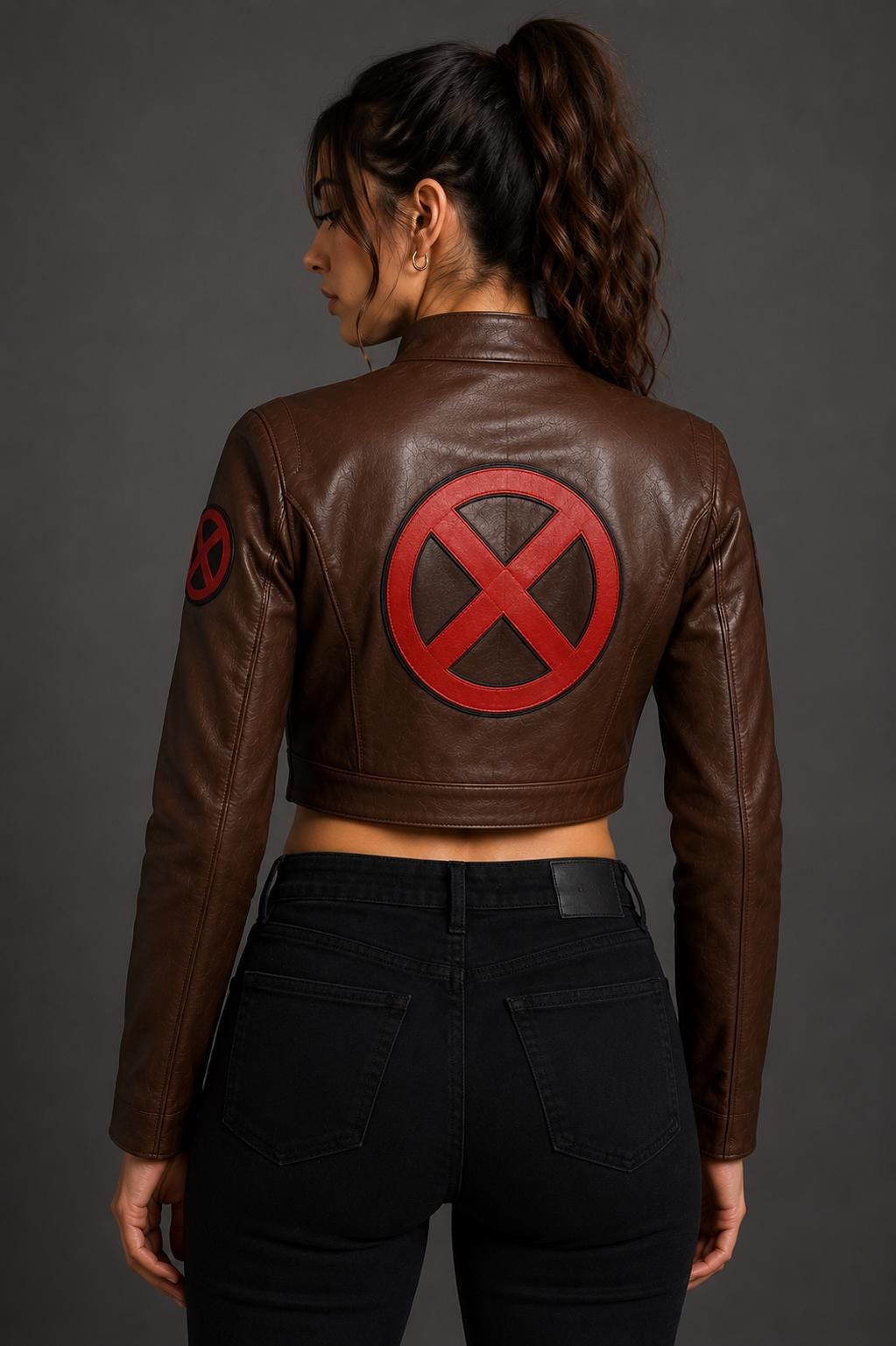 Women's brown cropped leather biker jacket by Premium Skin