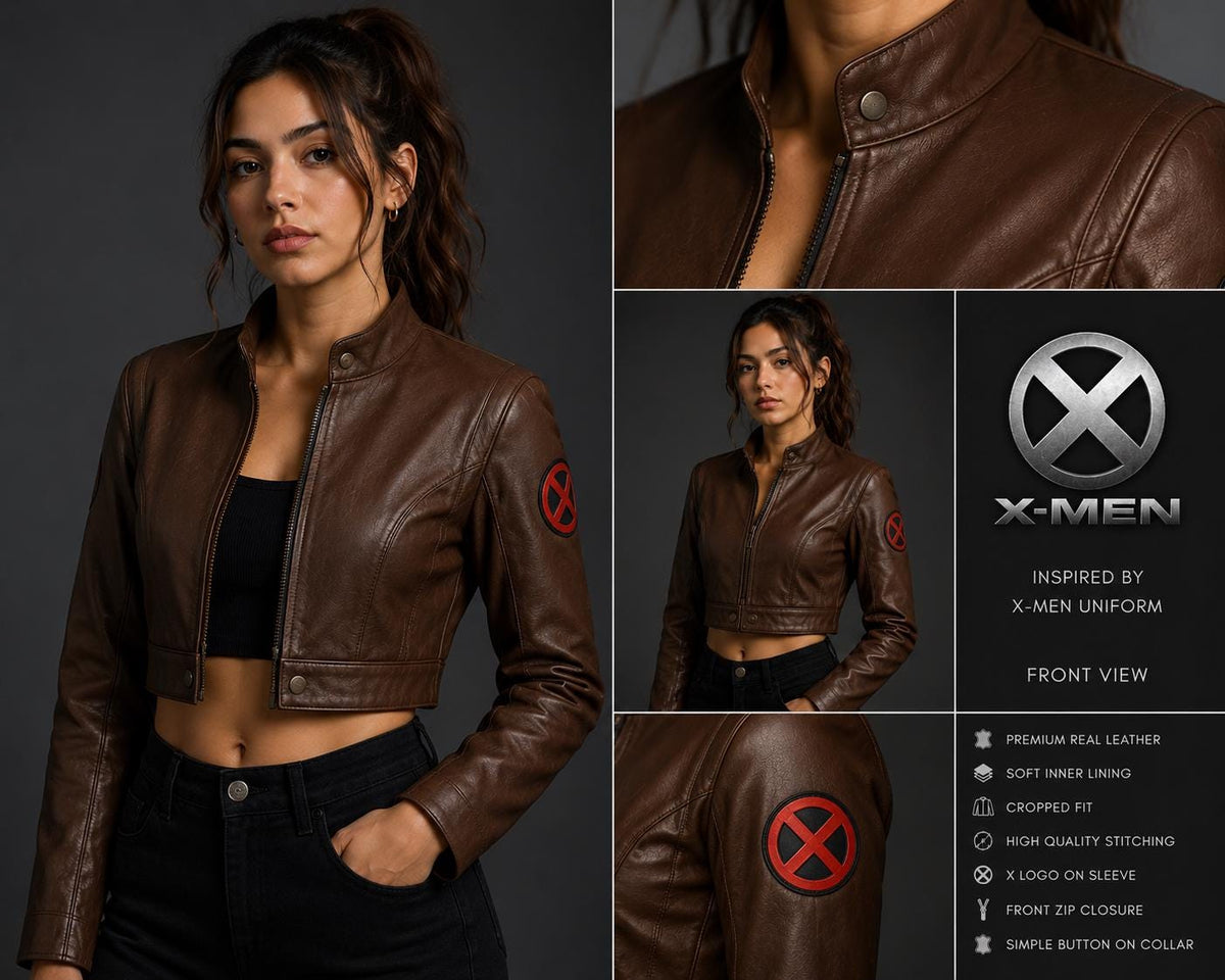 Women's brown cropped leather biker jacket by Premium Skin