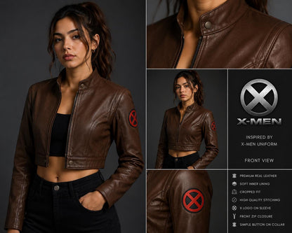 Women's brown cropped leather biker jacket by Premium Skin