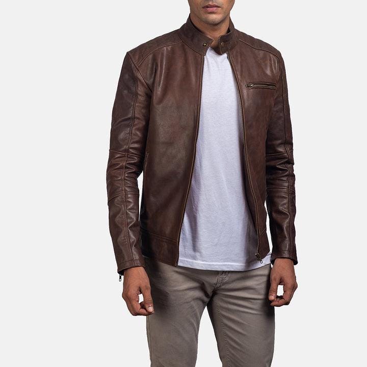 Distressed brown lambskin biker jacket by Premium Skin