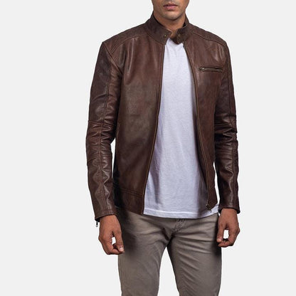 Distressed brown lambskin biker jacket by Premium Skin