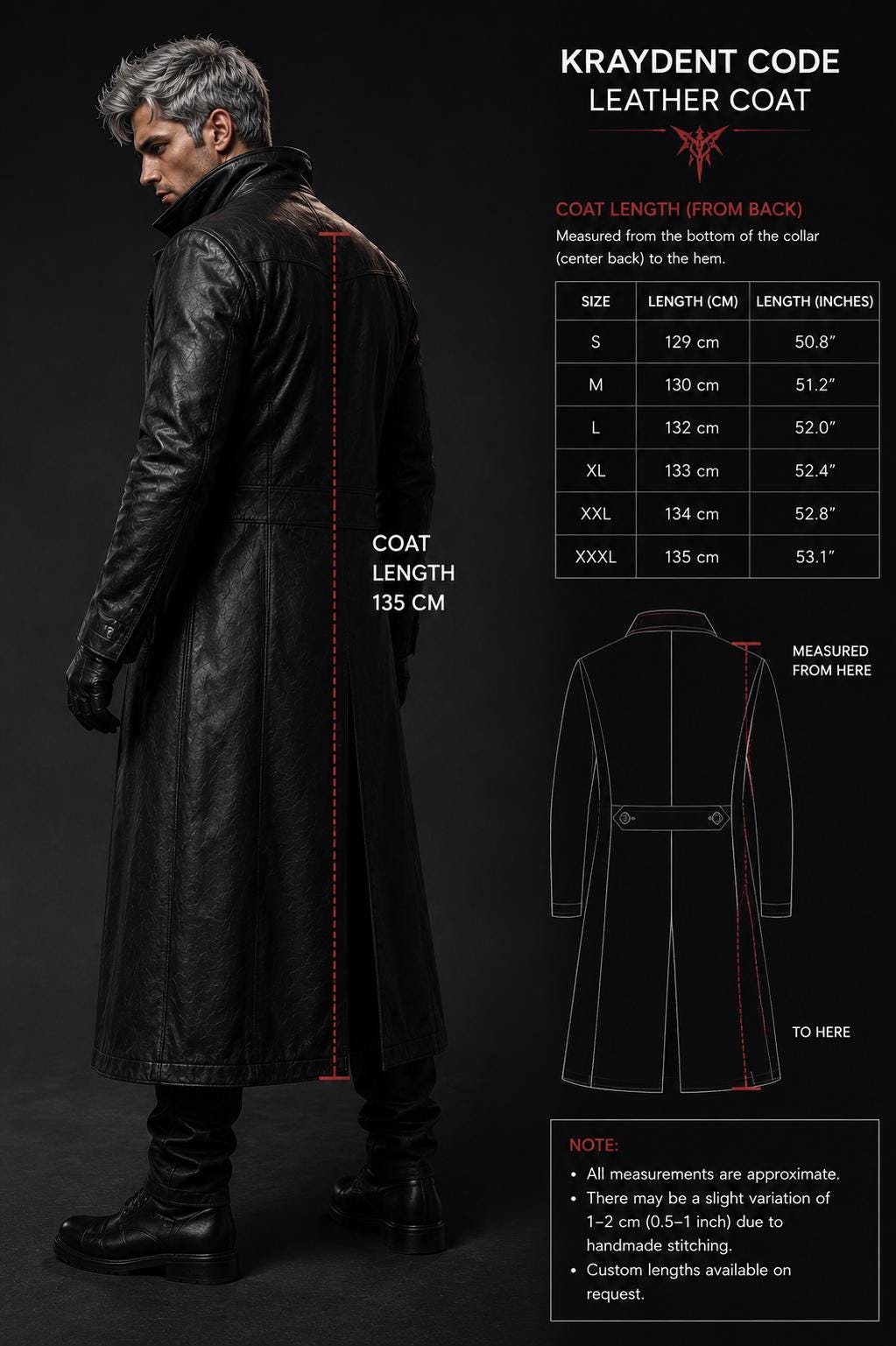 Black long leather coat design detail