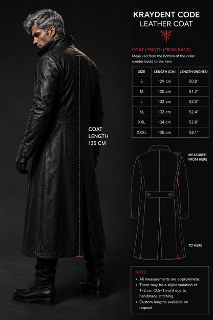Black long leather coat design detail