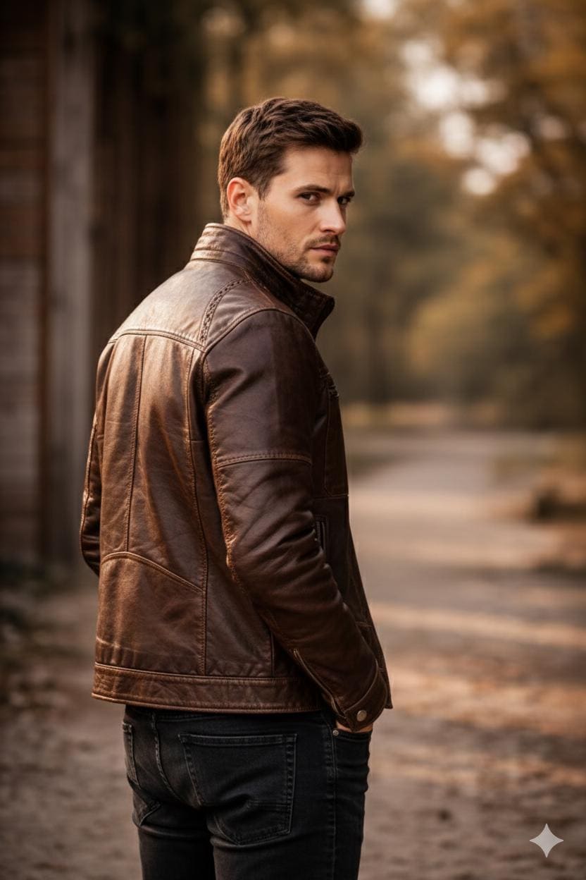Dark brown patchwork leather biker jacket by Premium Skin