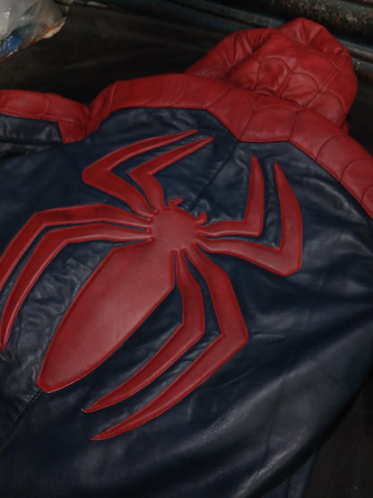 Red and blue hooded cosplay jacket back view