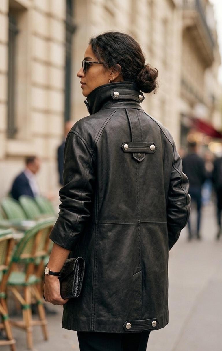 Black high-neck leather funnel coat by Premium Skin