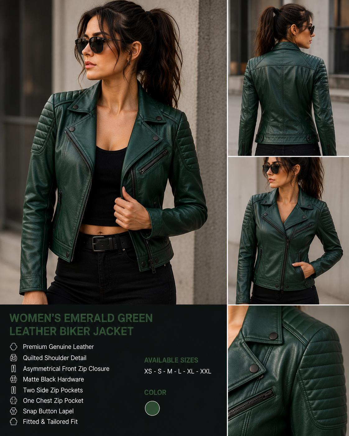 Emerald green quilted leather biker jacket by Premium Skin