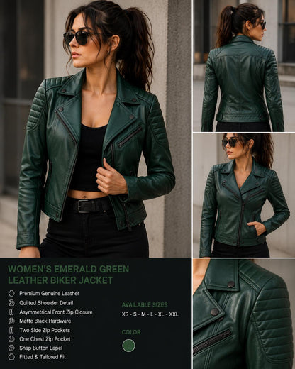 Emerald green quilted leather biker jacket by Premium Skin