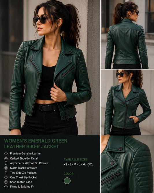 Emerald green quilted leather biker jacket by Premium Skin