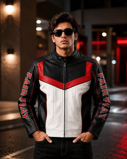 Red, black and white racing leather jacket by Premium Skin