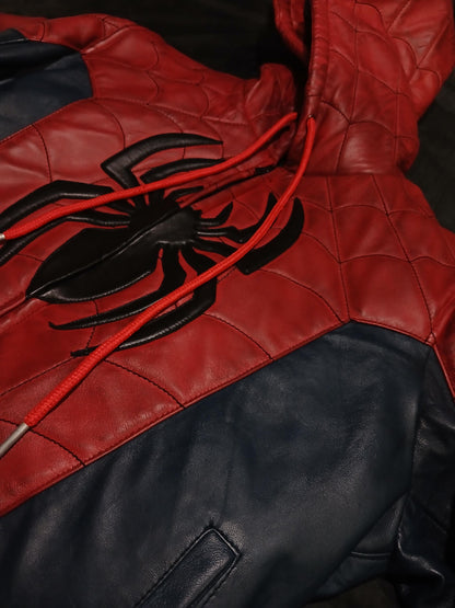 Red and blue hooded jacket close-up detail