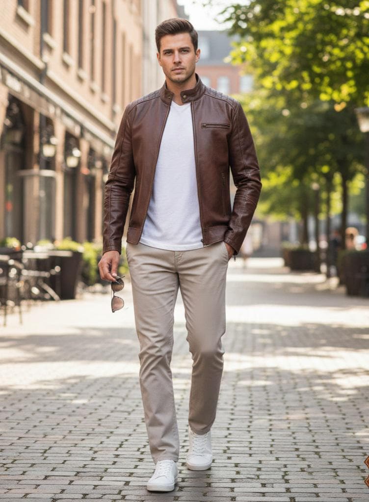 Distressed brown lambskin biker jacket by Premium Skin