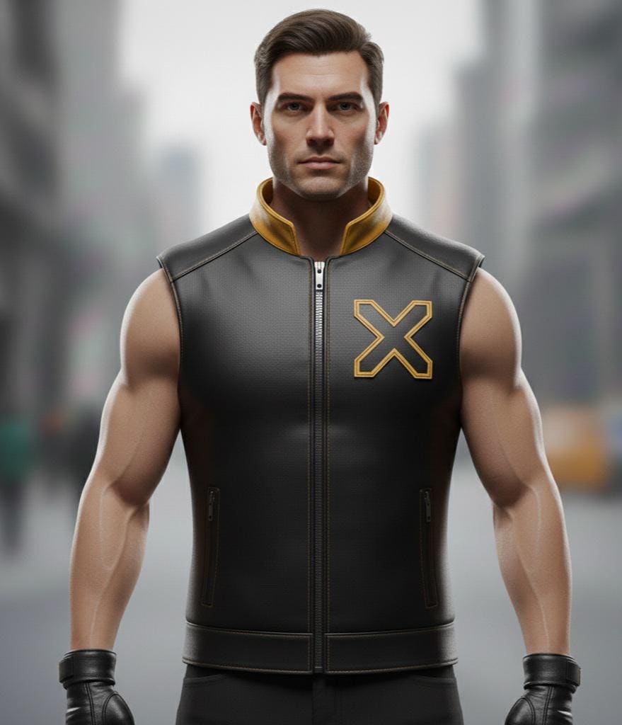 Yellow and black superhero-inspired vest back view