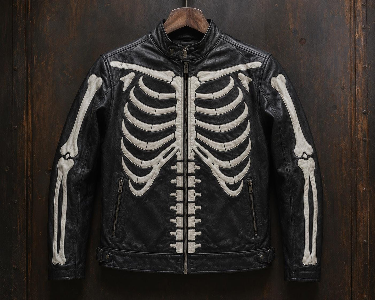 Black skeleton graphic leather biker jacket by Premium Skin