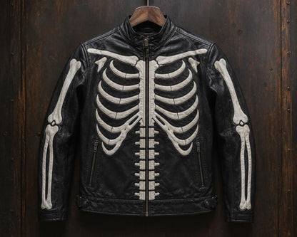 Black skeleton graphic leather biker jacket by Premium Skin