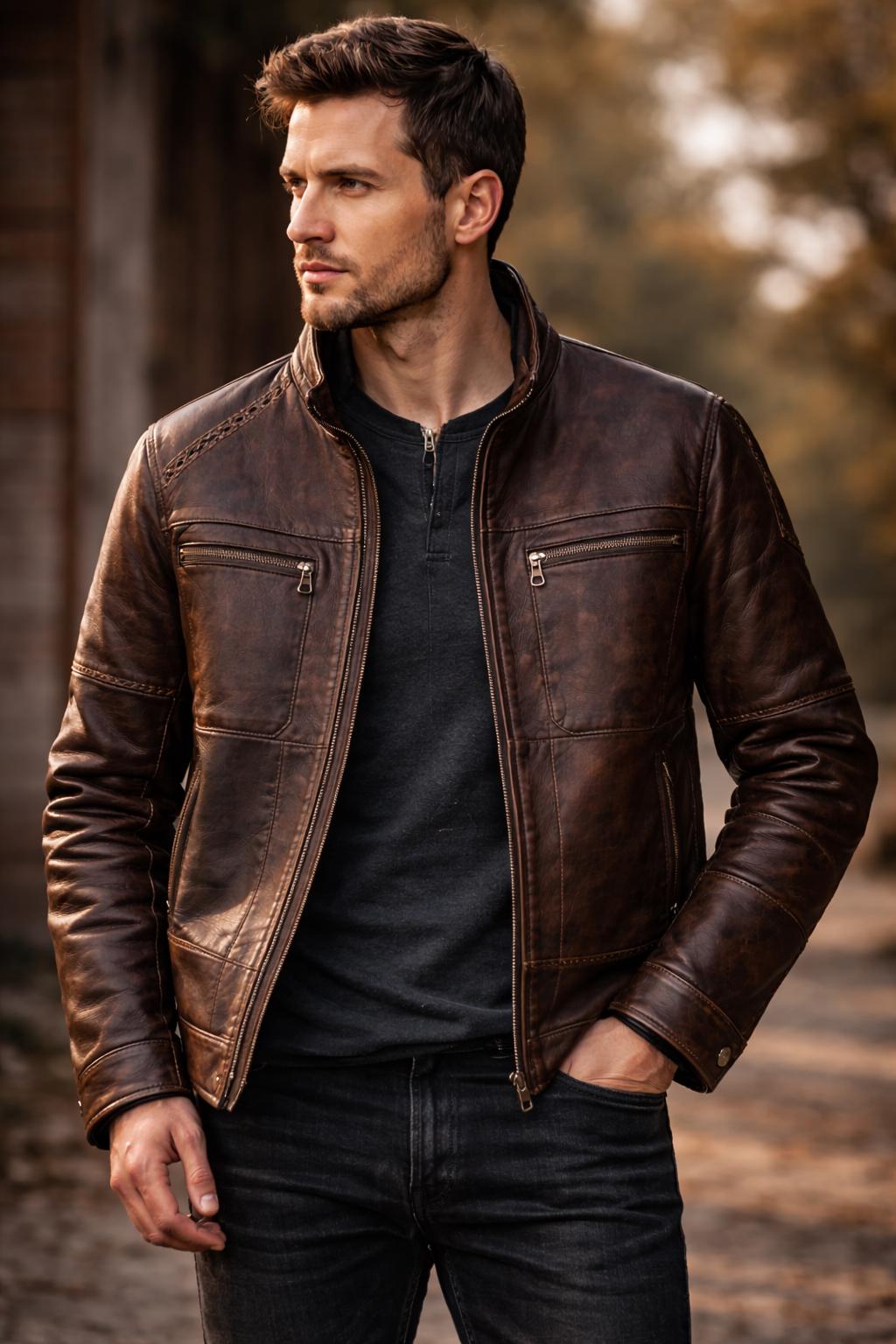 Dark brown patchwork leather biker jacket by Premium Skin