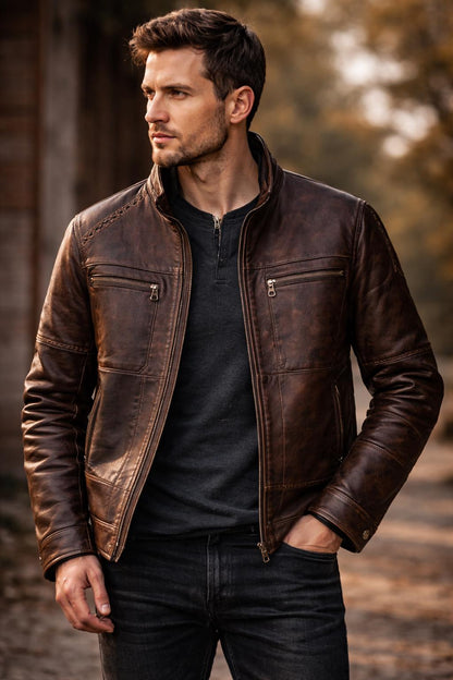 Dark brown patchwork leather biker jacket by Premium Skin