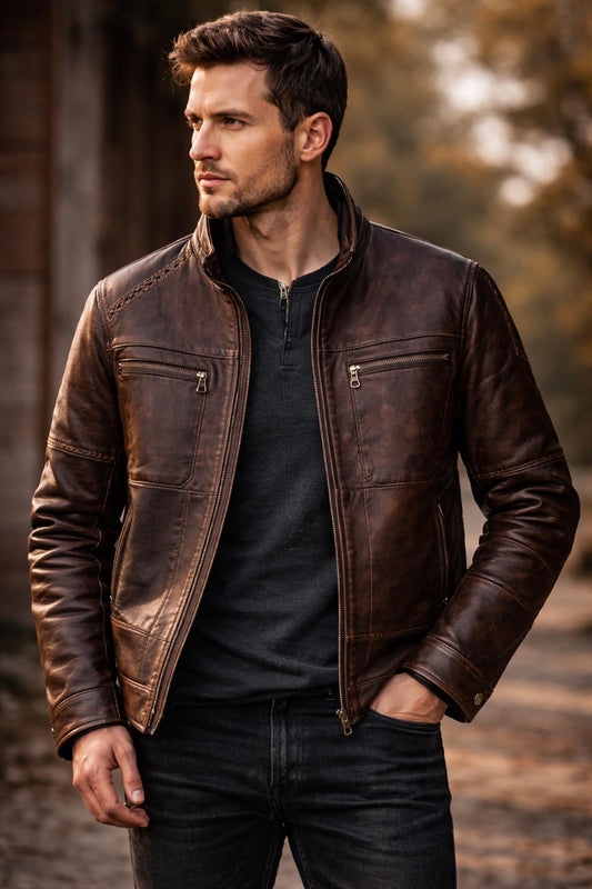 Dark brown patchwork leather biker jacket by Premium Skin