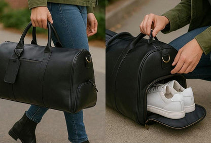 Black leather weekender duffel bag alternate angle