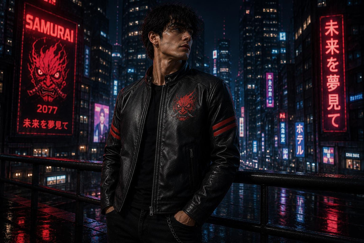 Samurai-inspired black leather jacket by Premium Skin