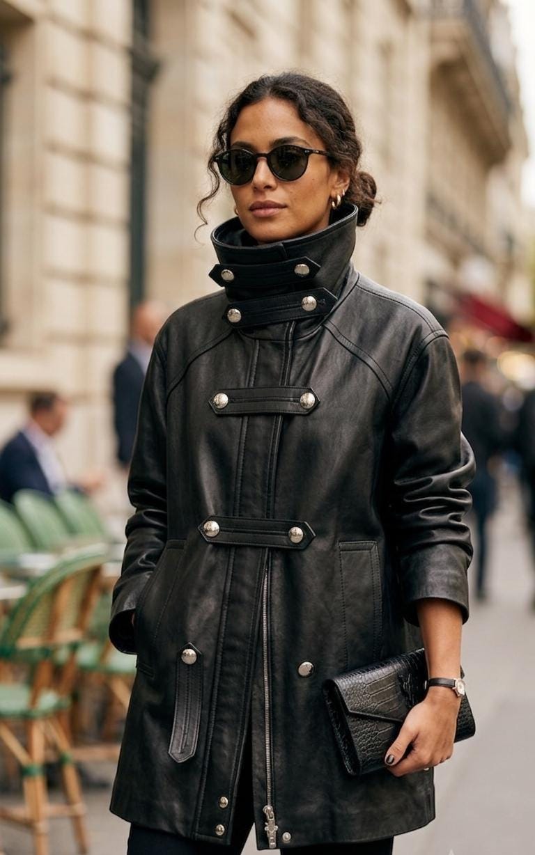 Black high-neck leather funnel coat by Premium Skin