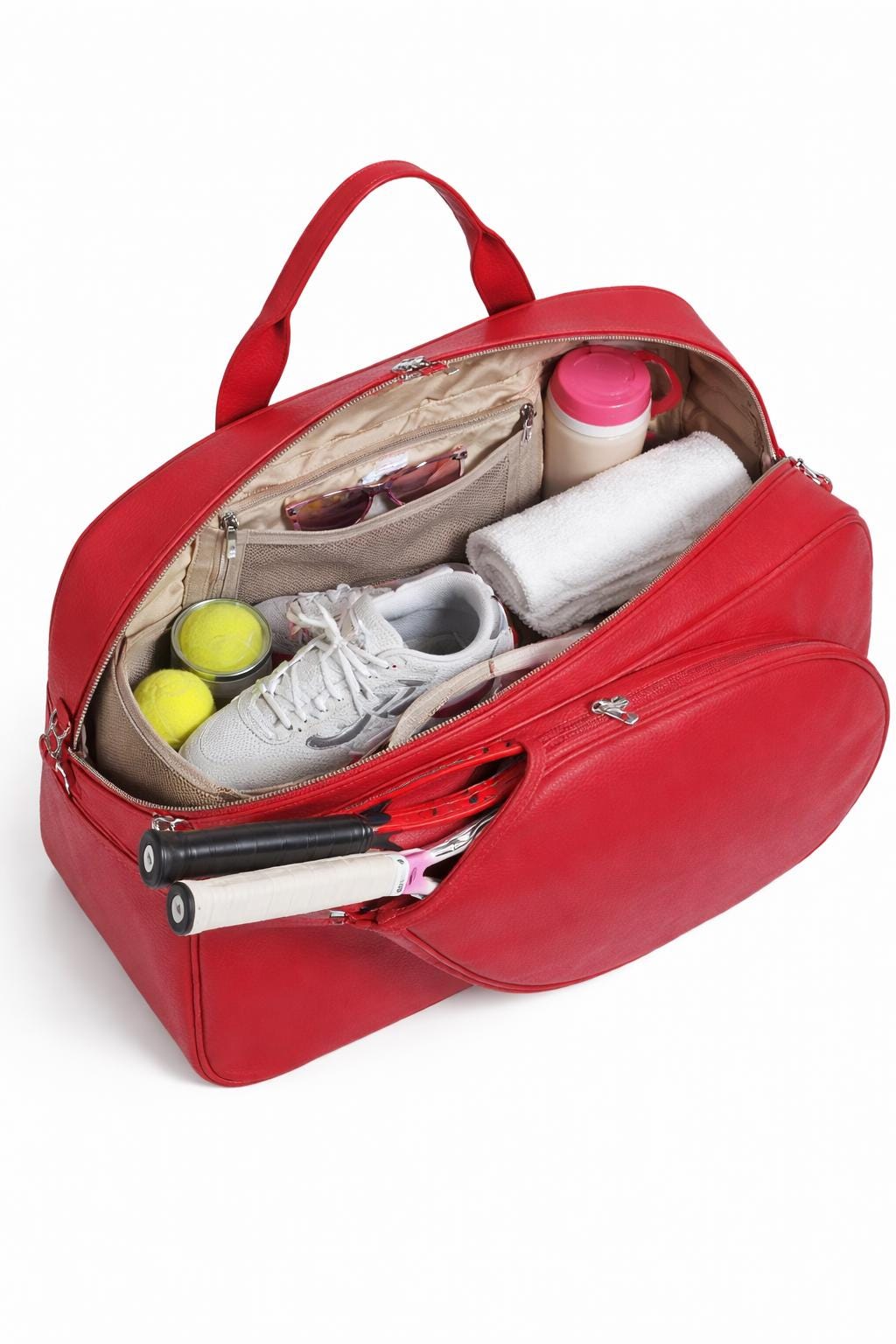 Red leather tennis racket duffel bag by Premium Skin