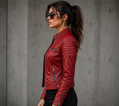 Women's red lambskin cafe racer jacket by Premium Skin