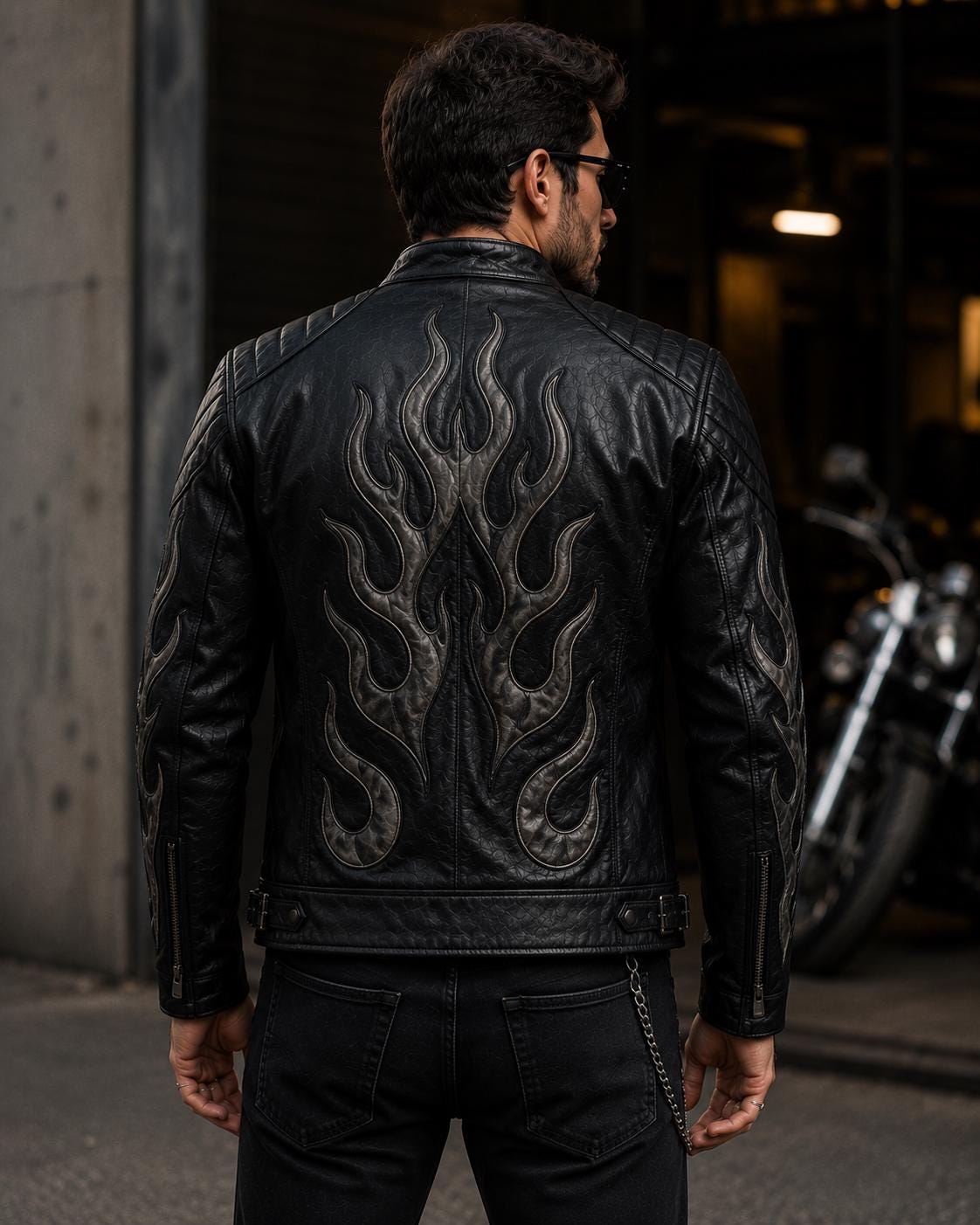 Black flame leather biker jacket by Premium Skin