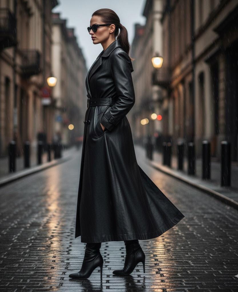 Black sheepskin leather long trench coat by Premium Skin
