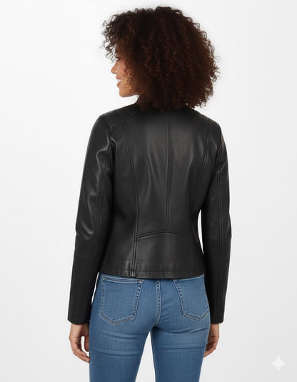 Women’s black moto jacket design detail