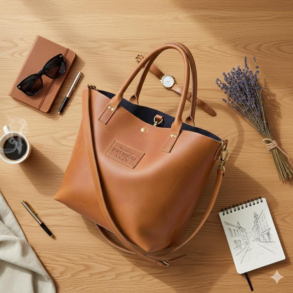 Brown full-grain leather tote bag by Premium Skin