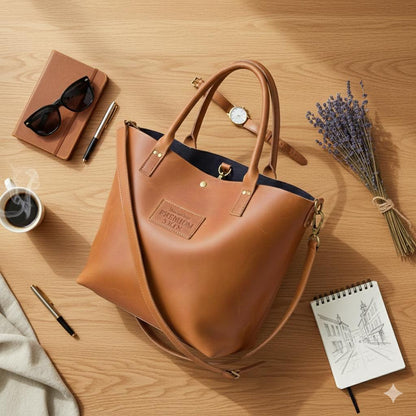 Brown full-grain leather tote bag by Premium Skin