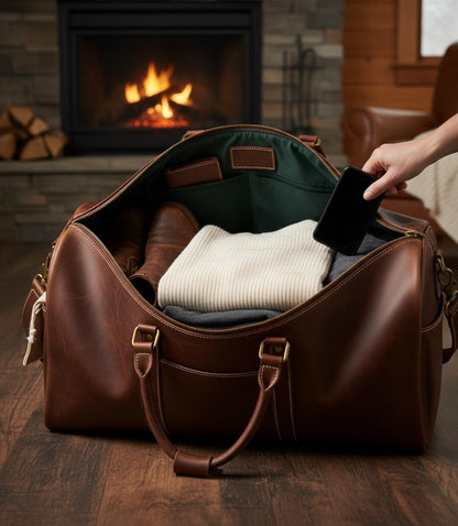 Personalized leather weekender duffel bag by Premium Skin