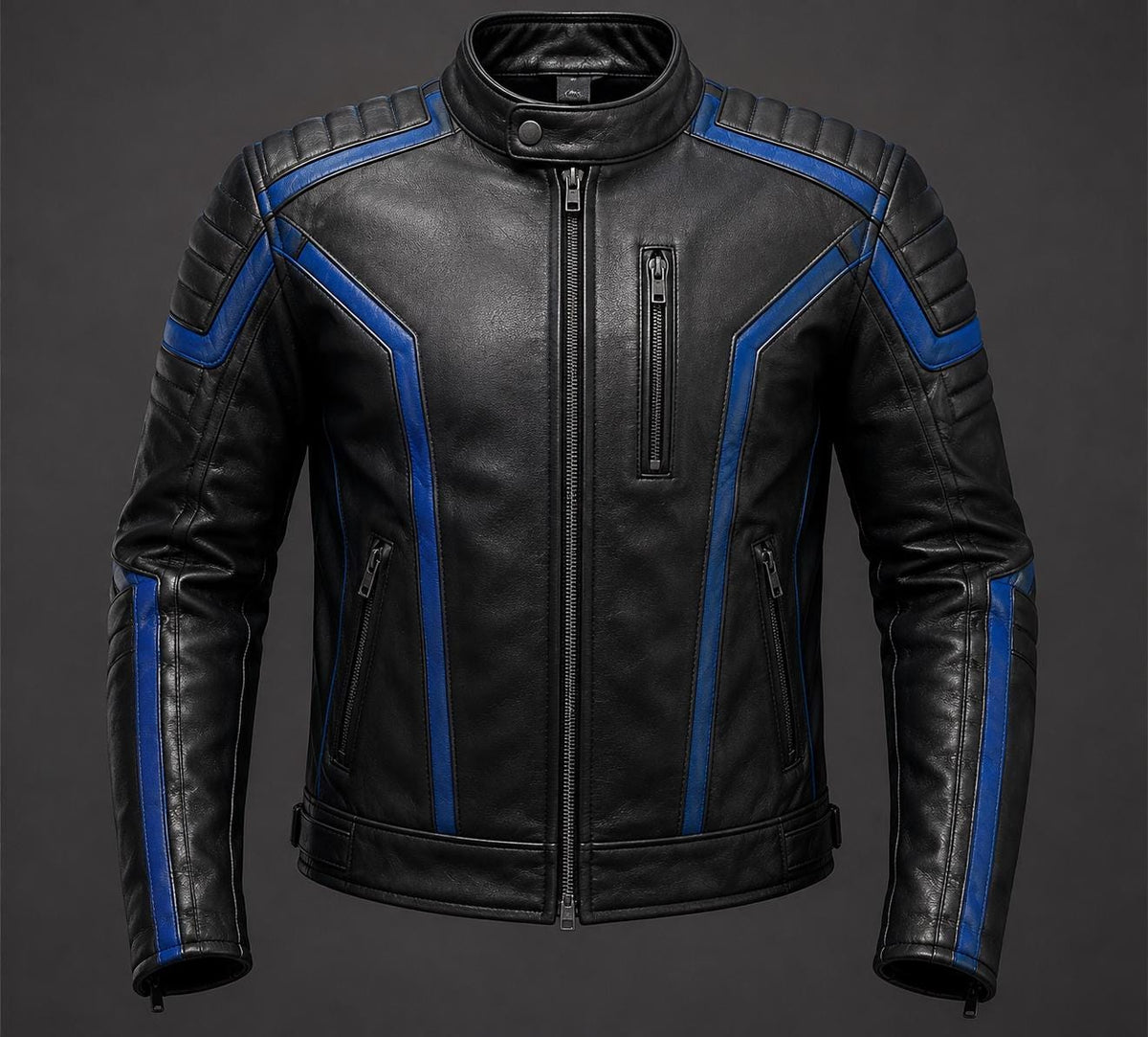 Black and blue futuristic rider jacket by Premium Skin